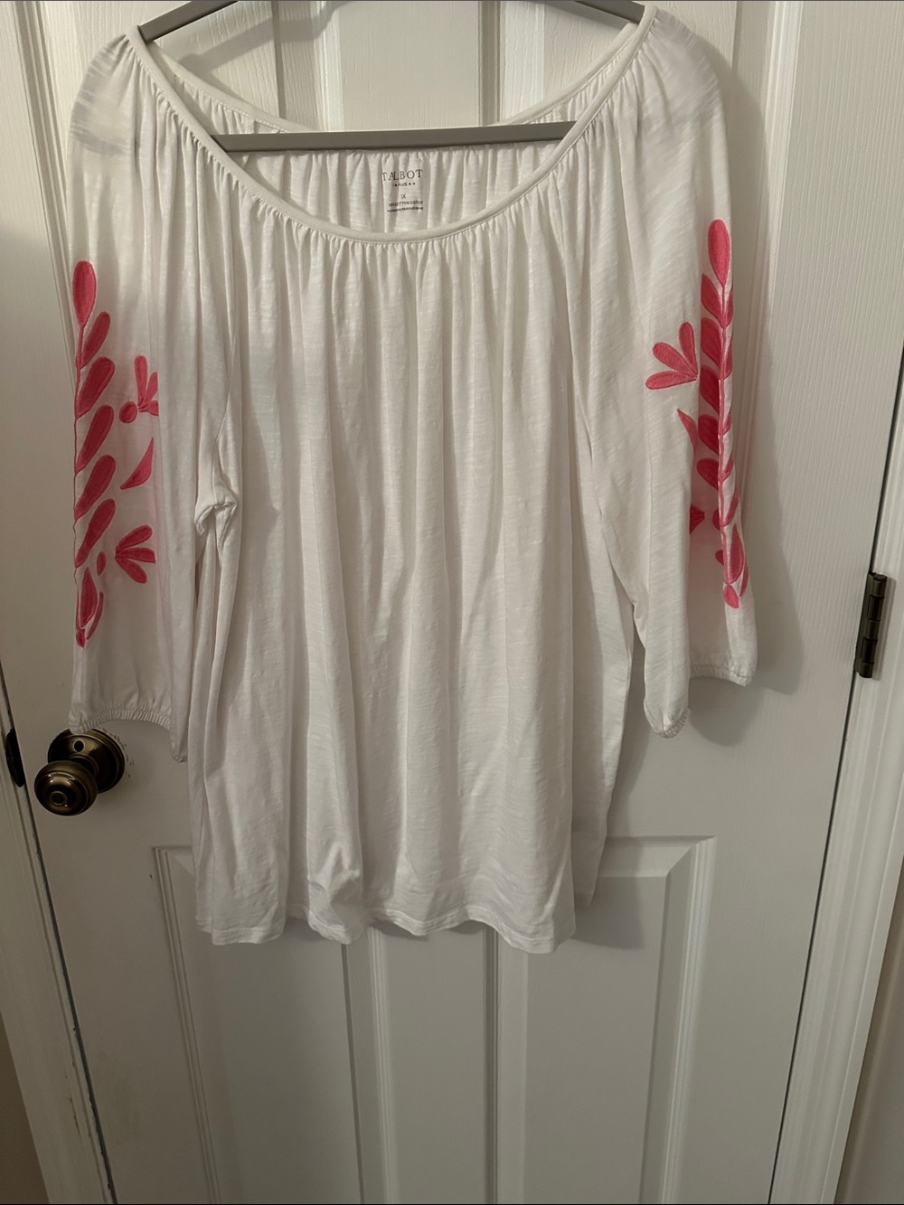 Talbots White Peasant Top with Pink Sleeve Embroidery